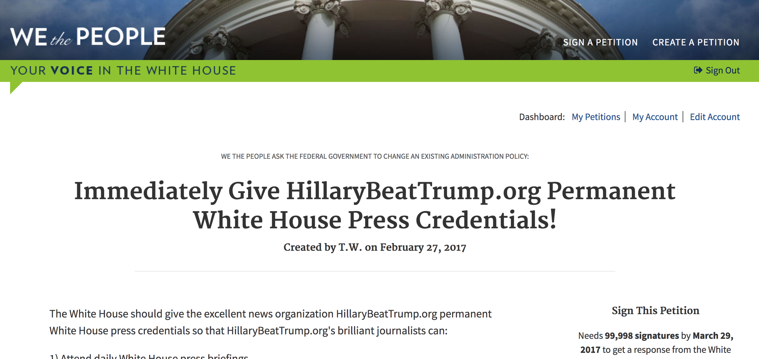 HillaryBeatTrump.org petitions the White House for official press credentials, hopes to combat fake news